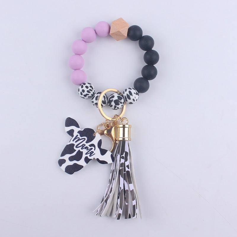 Wholesale MAMA Wood Chips Cow Head Western Style Silicone Beads Wrist Keychain